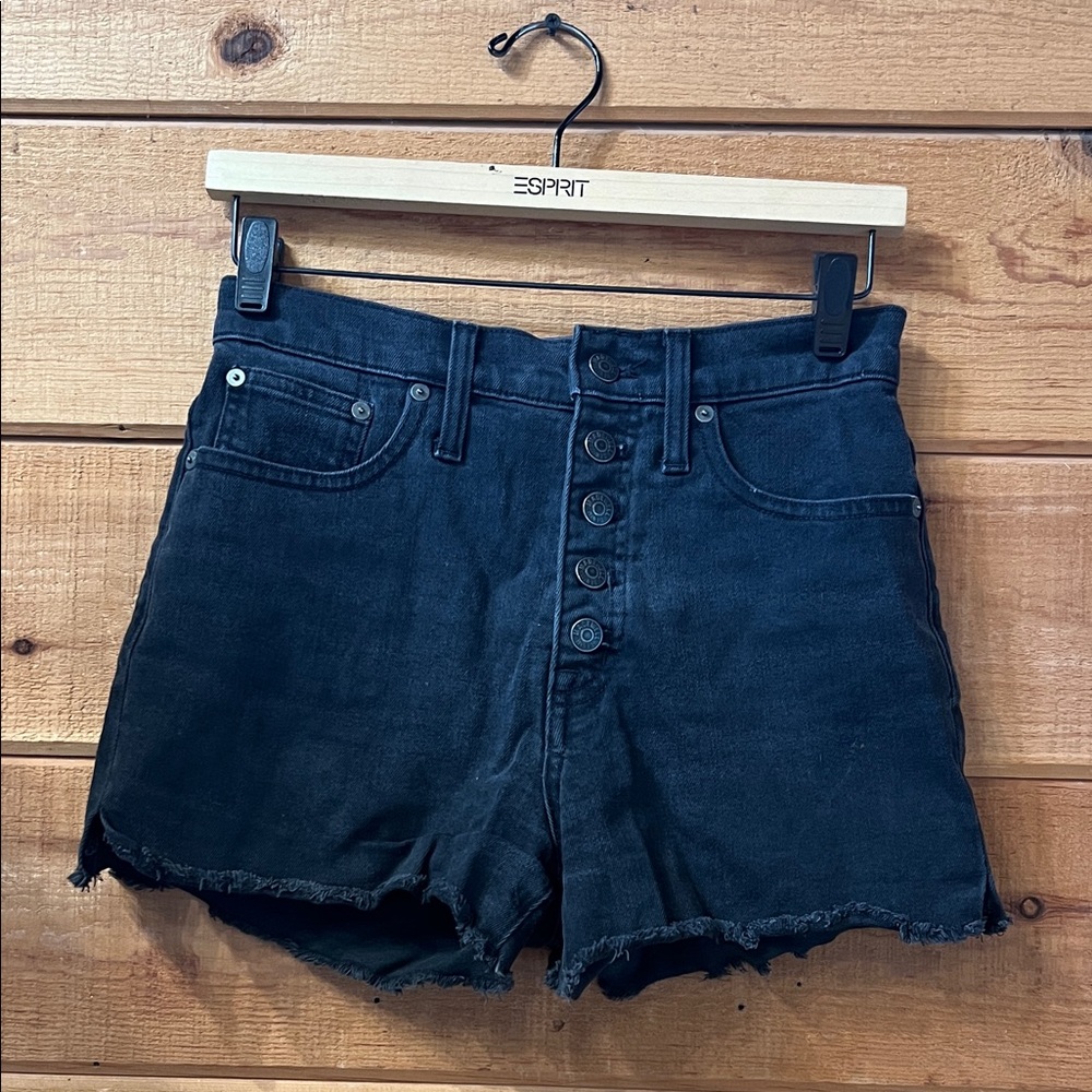 Madewell High-Rise Denim Boyshorts faded black wash with a button fly closure